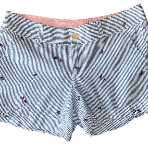 Lilly Pulitzer Seersucker Blue & White Striped Ladybug Embroidered Shorts - 6 - Picture 3 of 12